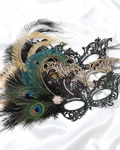 Zinniday Feather Masquerade Mask for Women - Halloween Lace Eyemask with Removable Peacock Feathers, Venetian Party Masks
