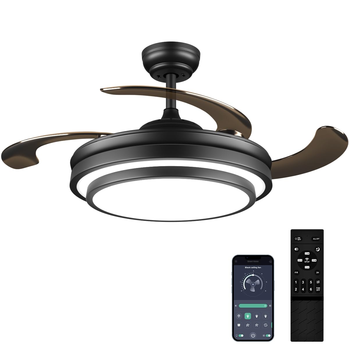 42 Inch Black Modern Ceiling Fan with Lights and APP Control,Retractable Fandelier Celing Fan with Light, 6 Speed,Light Dimmable Memory,Silent Reversible Motor for Bedroom Kitchen Living Room