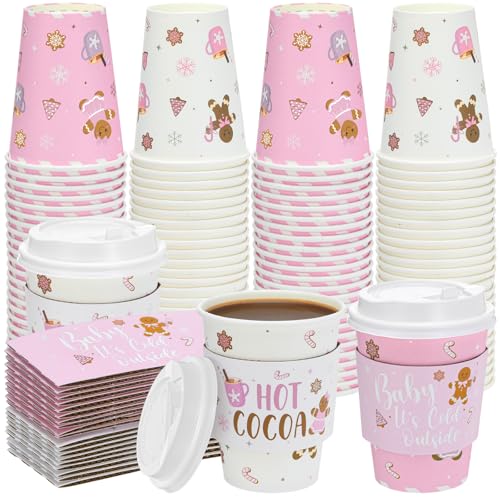 FoldTier 80 Packs Hot Chocolate Cups Bulk Hot Cocoa Bar Supplies Christmas Disposable Coffee Cups with Lids Sleeves 14 oz ...