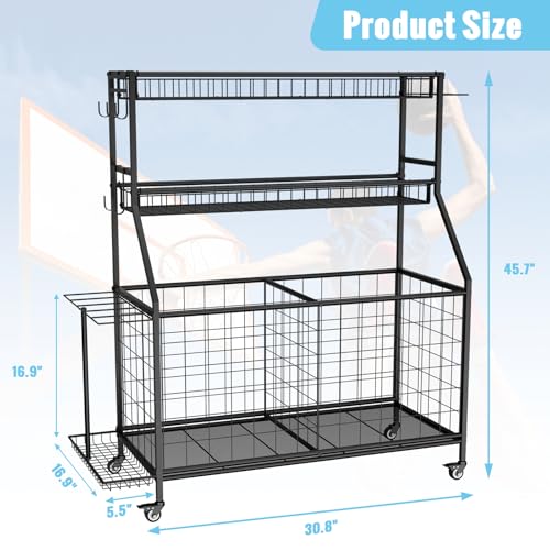 Sports Equipment Garage Organizer - Heavy Duty Garage Organization Ball Storage Rack with Basket, Hooks and Rolling Cart f...