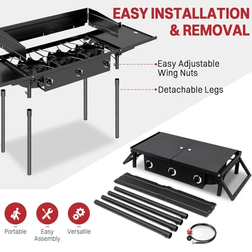 3 Burner Propane Camp Stove | 225,000 BTU Gas Burners | Side Shelves | Windscreen | Waterproof Cover | Detachable Legs | I...