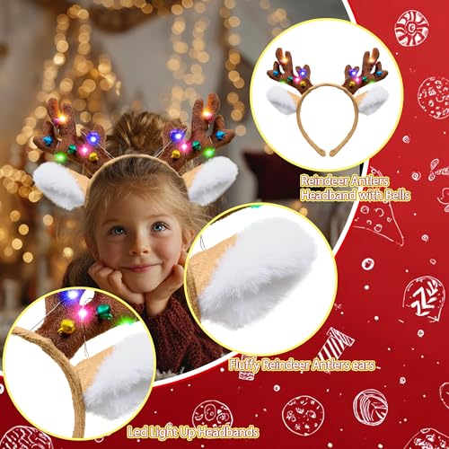 nuihoil Reindeer Antlers Headband Light Up Christmas Party Favors Fluffy Deer Costume Headbands for Women