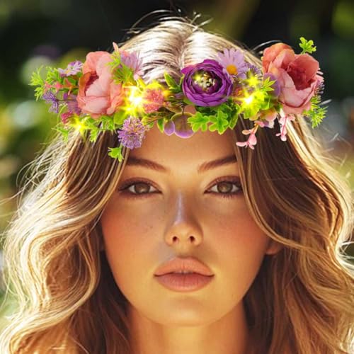 DRESBE Light Up Flower Crown LED Floral Headband Glow Fairy Hair Accessories for Women