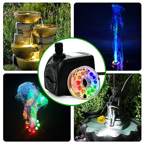 PULACO 160GPH Small Fountain Pump, 10Watt Submersible Pump with Automatic Color Changing LED Light and 3.3 ft Tubing for W...
