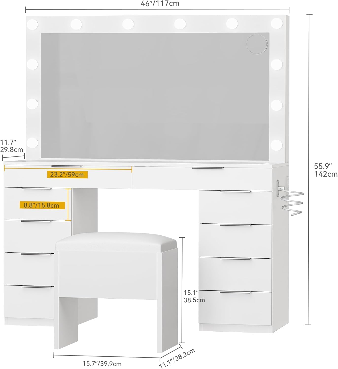 DWVO 46'' Glass Top Makeup Vanity with 10 Drawers, Vanity Desk Set with Large LED Mirror, Built-in Charging Station & Cushioned Storage Chair, Dressing Table with 3-Color Light Modes, Cream White