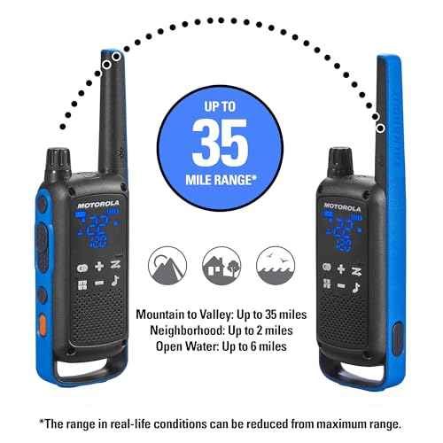 Motorola Solutions, Portable FRS, T802, Talkabout, Two-Way Radios Waterproof IP54 Walkie Talkie Emergency Preparedness, Rechargable, 22 Channel, 35 Mile, Black W/Blue, 2 Pack