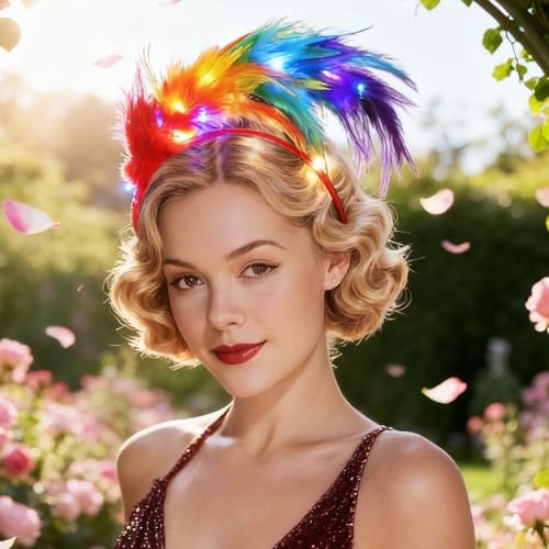 DRESBE Light Up 1920s Feather Fascinator Headband LED Cocktail Tea Party Hair Accessories for Women