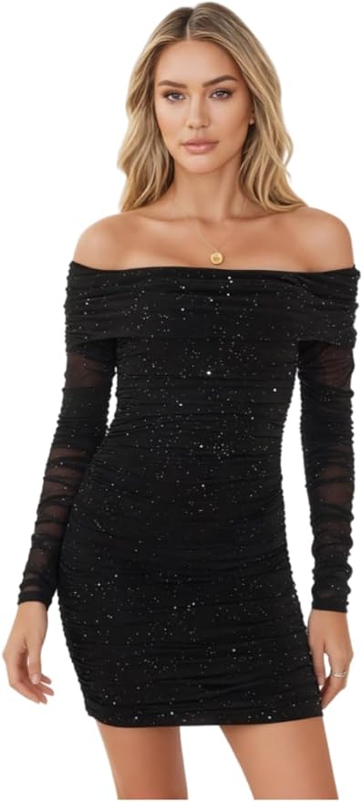Women’s Sexy Sequin Mesh Off Shoulder Long Sleeve Ruched Mini Bodycon Dress Glitter Silver Specks Party Club Cocktail Dresses