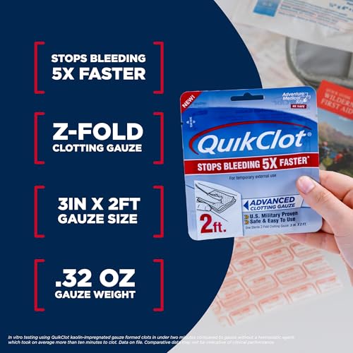 Adventure Medical Kits QuikClot Advanced Clotting Gauze - Stops Bleeding Up to 5X Faster Than Standard Gauze - Kaolin Hemo...