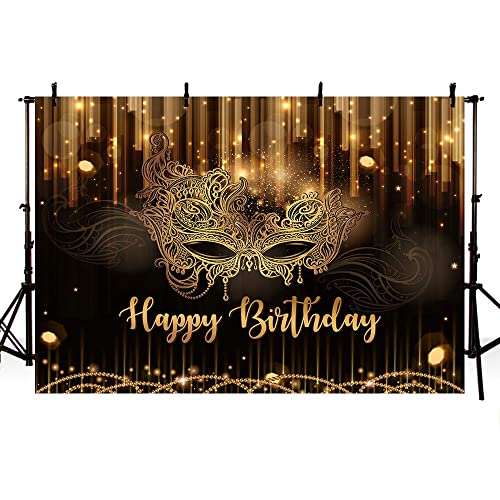 AIBIIN 7x5ft Happy Birthday Backdrop Masquerade Mask Party Decorations Supplies Carnival Birthday Dancing Party Banner Bla...