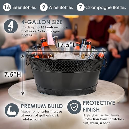 BREKX Colt Black Galvanized Beverage Tub with Handles, 16-Bottle Metal Bucket Ice Cooler to Chill Drinks, Oval Metal Baske...