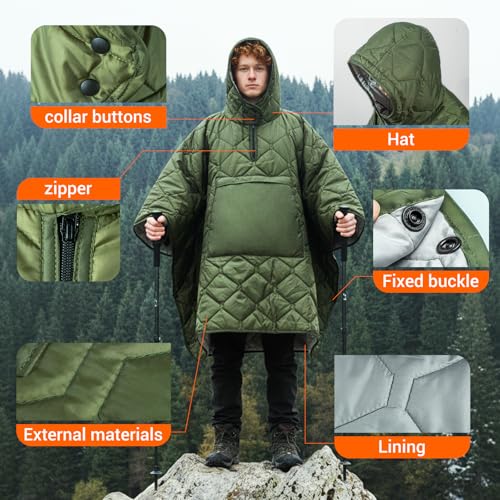 FUNANASUN Recycled Wearable Sleeping Bag, 4-in-1 Poncho Blanket Hoodie with 650FP Insulation, Ultralight Packable for Adul...