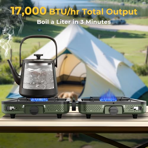 Camping Stove, 2 Burner Propane Stove With Grill,17,000 BTU Camp Stove, Foldable Camping Stove Propane Includes Carry Bag,...