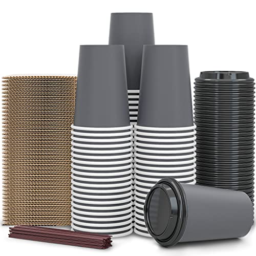 100 Pack - 12 oz Disposable Coffee Cups To Go with Lids Sleeves and Straws 100% Biodegradable & Compostable Pla Eco Friend...
