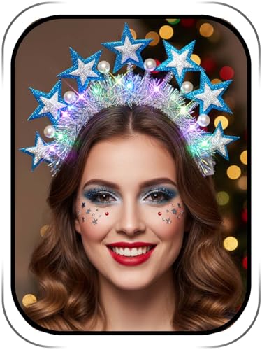 Lorealri Light Up Star Crown Headband, Blue and Silver Glitter Stars, LED Rave Party Costume Headwear Accessory for Women