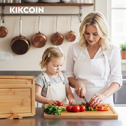 Kikcoin Bamboo Cutting Boards for Kitchen, 3 Piece Wood Cutting Board Set with Stand and Non-slip Feet, Knife Friendly Cho...