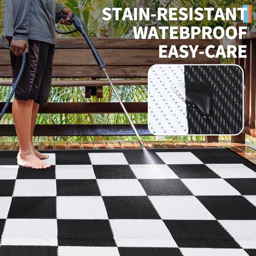 GarveeLife Waterproof Outdoor Rug 9x12 Modern Checkered Reversible Outdoor Mat Lightweight Plastic Straw Rug UV Resistant ...