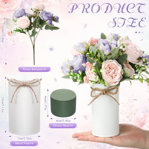 Domensi 6 Sets Wedding Floral Centerpiece for Table Decor, Artificial Peonies Silk Flowers Bouquet with Flower Foam and Me...