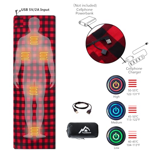 Mantuole Heated Sleeping Bag pad, Operated by 5V/2A USB Power Supply (Battery NOT Included). Black & Red Flannel.