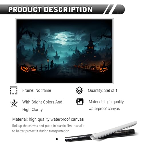 Fantasy horror Halloween canvas painting Gothic style fantasy dark haunted mansion wall decoration glowing pumpkin lantern twisted dead tree moonlight castle suitable for porch audio visual room