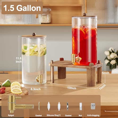 2 PCS 1.5 Gallon Drink dispenser, Glass Beverage Dispenser With Wood Stand, Large Water Drink Dispensers for Parties With ...
