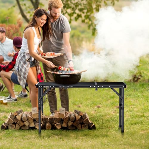 Anbte Folding Grill Table, 3ft Tri-Fold Aluminum Folding Table Adjustable Height Max 27.5" Grill Table with Mesh Desktop, ...