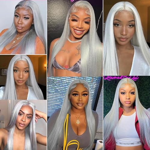 Smavida Grey Straight 13¡¿4 HD Transparent Lace Front Wigs Pre Plucked Silver Human Hair Wigs for Black Women 150 Density Grey 100% Brazilian Virgin Human Hair Wigs with Baby Hair Natural Hairline
