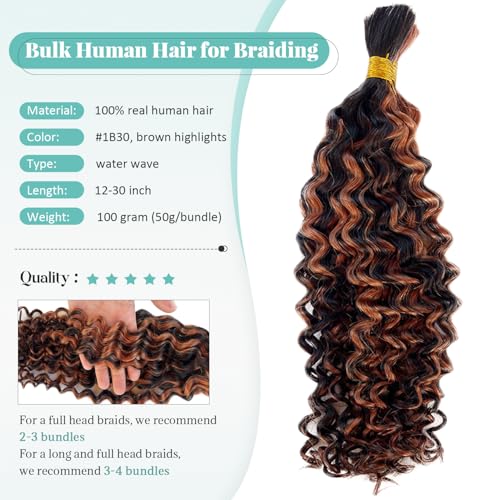 30 Inch Water Wave Boho Hair for Braiding Color #1B30 Human Braiding Hair for Boho Knotless Braids 2 Bundles 100G Deep Wave Natural Black with Brown Highlights Extensions Full Ends