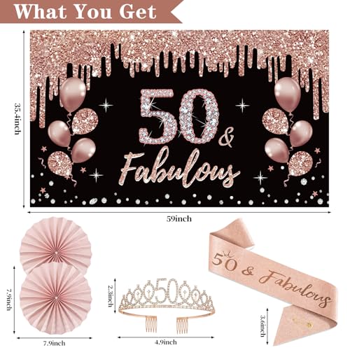 50th Birthday Decorations for Women, 33pcs 50th Birthday Crown and Sash, Black Rose Gold Happy 50th Birthday Banner Balloo...