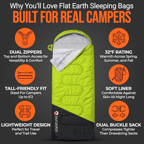 Flat Earth Performance Expedition Sleeping Bag with Compression Sack – 32°F/0°C for Teens/Adults Up to 6'2", Lightweight, ...