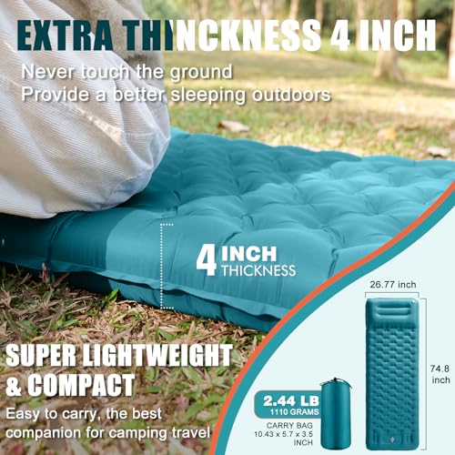 GDREAMT Inflatable Camping Sleeping Pad with Pillow, Extra Thickness 4 Inch Sleeping Mat with Built-in Pump, Compact & Ult...