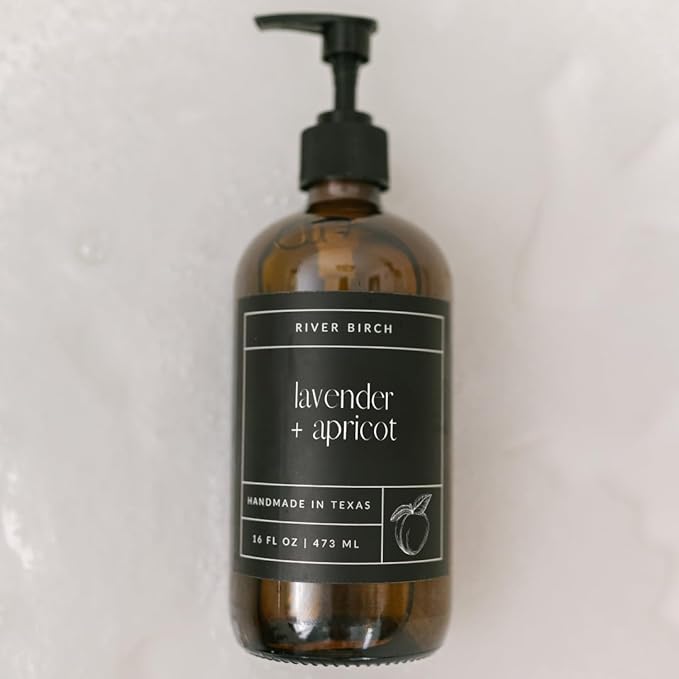 River Birch Lavender + Apricot Scented Natural Hand Soap - Handmade Soap - Moisturizing Hand Wash with Amber Glass Dispenser - Luxury Scented Hydrating Hand Soap - Vegan and Non-Toxic - 16 Fl Oz