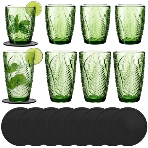 Ferrochef Green Drinking Glasses Set of 8 with Coasters 10 &12 oz Vintage Fern Leaves Textured Green Glass Cups Boho Aesth...