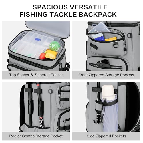 LGAG Fishing Tackle Backpack, Lightweight Waterproof Tackle Box Bag with Rod Holders for Saltwater & Freshwater Fishing, G...