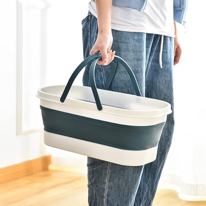 Collapsible Bucket with Wheels 14L (3.7 Gallon) - Versatile and Durable for House Cleaning, Camping, and RV - Convenient Rectangular Mop Cleaning Basket - Lightweight & Compact (14L-Grey)