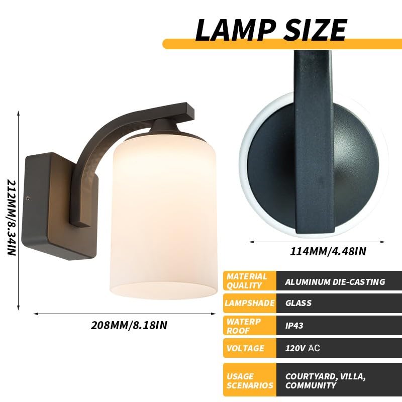 Dandray Outdoor Wall Mounted Lighting with Milk Glass Modern Exterior Aluminium Light Fixture Waterproof Matt Black Outside Lamp for Balcony Garage, Doorway House Porch Garage