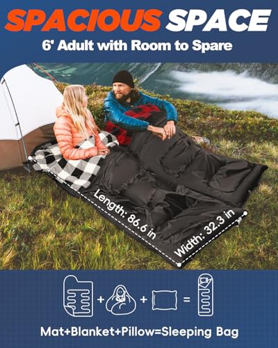 MEREZA Flannel Sleeping Bag for Adults Mens with Pillow, XL Cold Weather Sleeping Bag for 30 Degree 4 Season Camping Large...