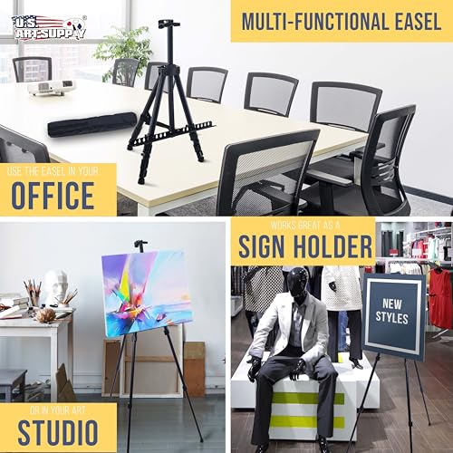 U.S. Art Supply 66" Black Metal Tripod Easel Display - Adjustable 20"- 5.5', Holds 32" Canvas - Floor/Tabletop Easel Stan...