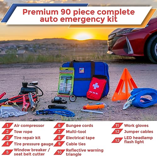 Car Emergency Kit with Air Compressor, Jumper Cables, First Aid, Tow Strap, Tire Gauge, Headlamp – Roadside Safety Kit for...