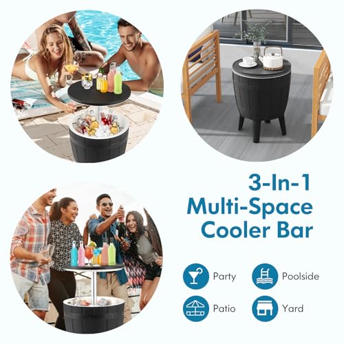 COSTWAY Outdoor Cooler Bar Table, 10 Gallon Cooler with Height Adjustable Tabletop, 3-in-1 Ice Bucket for Beer & Wine, Al...