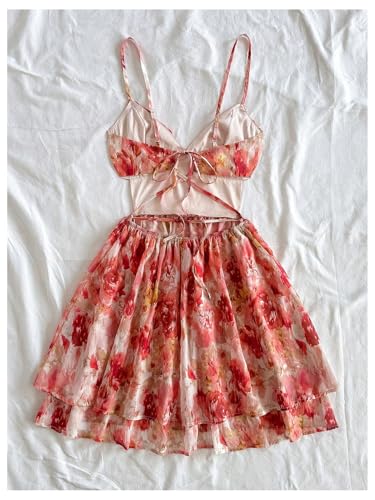 Verdusa Women's Floral Tie Backless Corset Dress Tiered Layered Sleeveless Flowy Dresses Festival Outfits