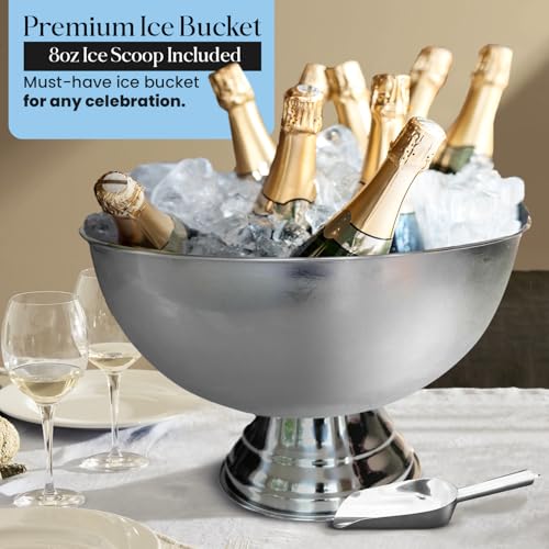 Premium 12L Large Ice Bucket for Parties – 16"x16"x10" Silver Stainless Steel Beverage Tub with Scoop – Insulated Ice Buck...