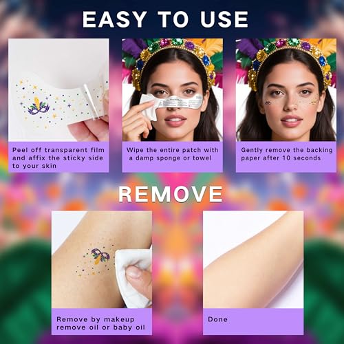 Paminify Mardi Gras Face Glitter Freckles Tattoos,Mardi Gras Outfit for Women,Waterproof Green Gold Purple Temporary Face ...