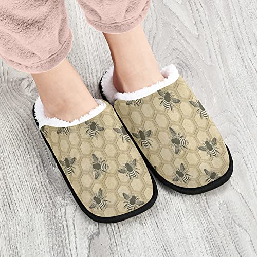 visesunny Retro Bee Honeycomb Pattern Cozy Fuzzy Womens Memory Foam House Slippers Plush Fleece Indoor Outdoor Slipper