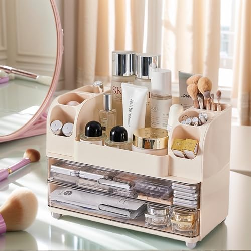 Makeup Organizer with 2 Drawers, Cosmetic Display Case, Storage Holder for Vanity, Bathroom Counter, Desk, Beauty Supplies (Cream)