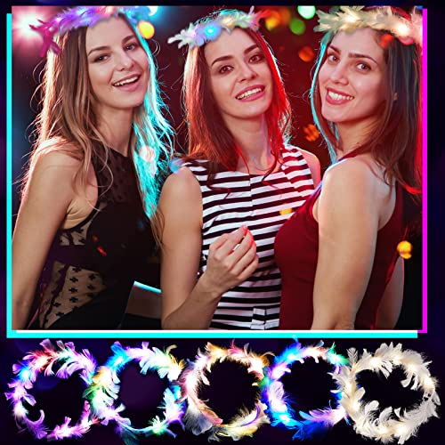 Taiyin 100 Pieces LED Feather Crown Headband Light up Angel Wreath Headband Flower Crowns for Women Wedding Halloween Birt...
