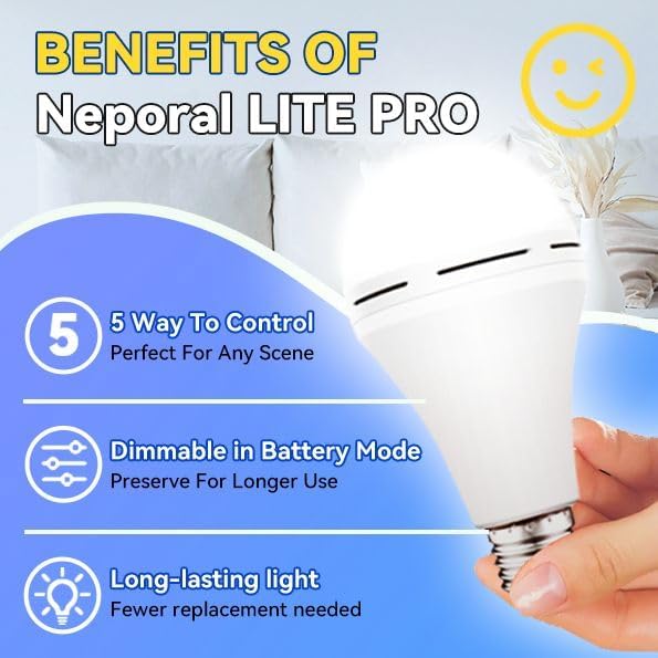 Neporal LITE PRO Battery Backup Light Bulbs, 2600mAh Rechargeable Light Bulbs, Perfect As Emergency Lights for Home Power Failure, Hurricane Prepareness Item, E26/E27