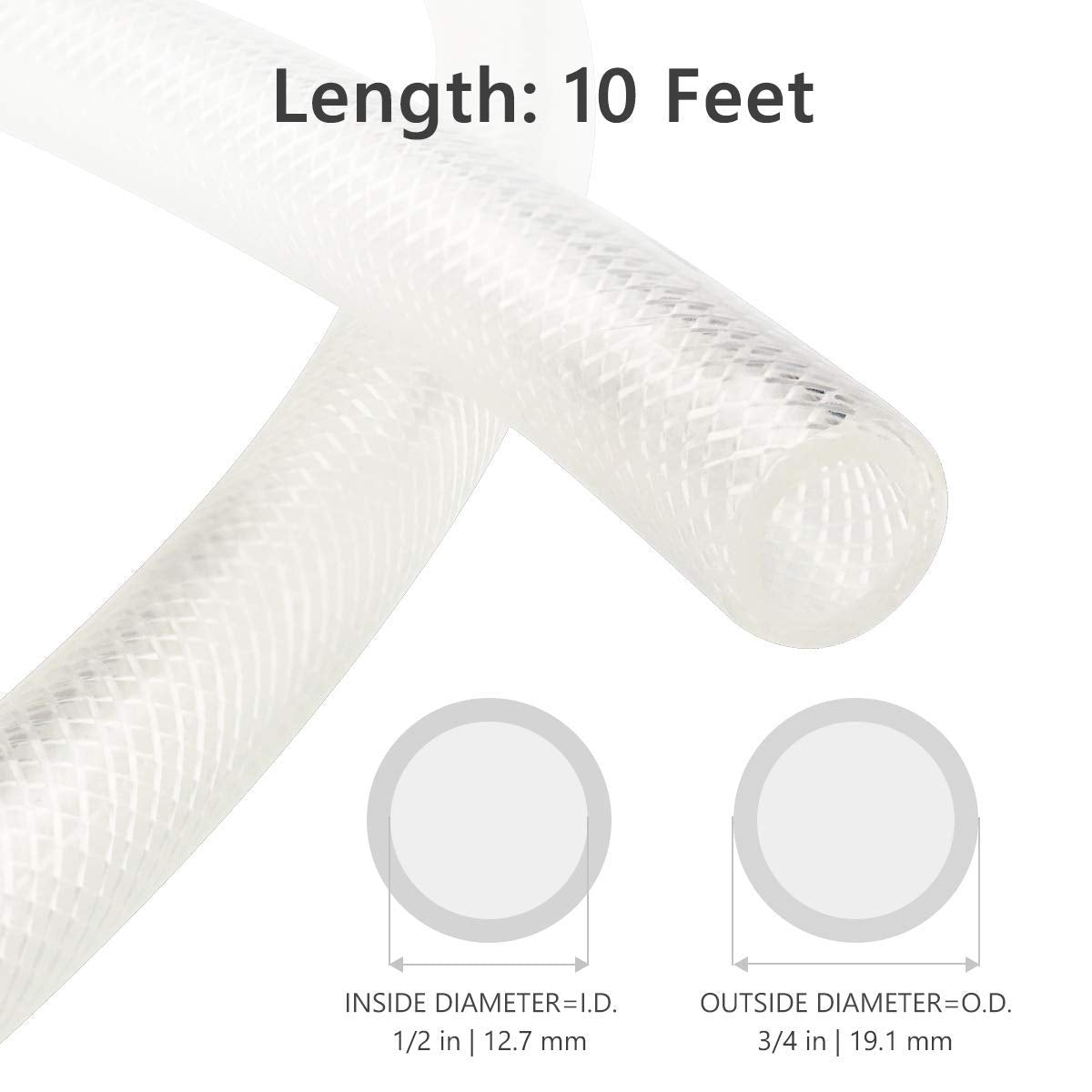 1/2" ID x 3/4" OD - 10 Ft High Pressure Braided Clear PVC Vinyl Tubing Flexible Vinyl Tube, Heavy Duty Reinforced Hose Tubing, BPA Free and Non Toxic