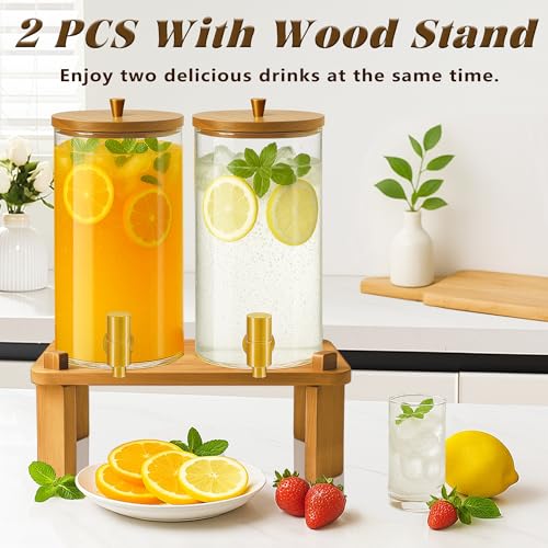VERSSURE 2PCS Drink Dispenser, 1.5 Gallon Each Glass Beverage Dispenser with Wood Stand and Stainless Steel Faucet Ideal f...