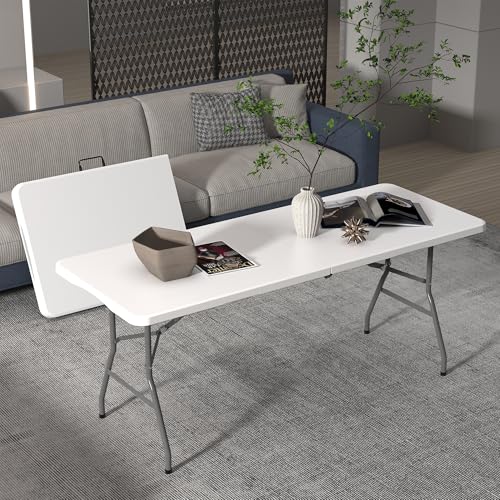 Allpop 6Ft Folding Table for Indoor Outdoor, Fold-in-Half Portable Plastic Dining Table with Carrying Handle for Picnic Pa...